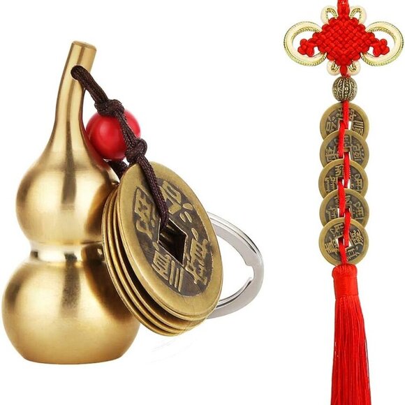 Other - 2 Pieces Chinese Coins Feng Shui and Brass Wu Lou Health Amulet Gourd Keychain C
